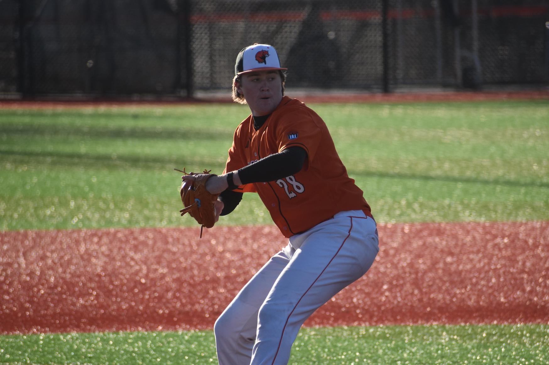 Baker baseball pitcher Vaughn Wells pitching at home against Doane