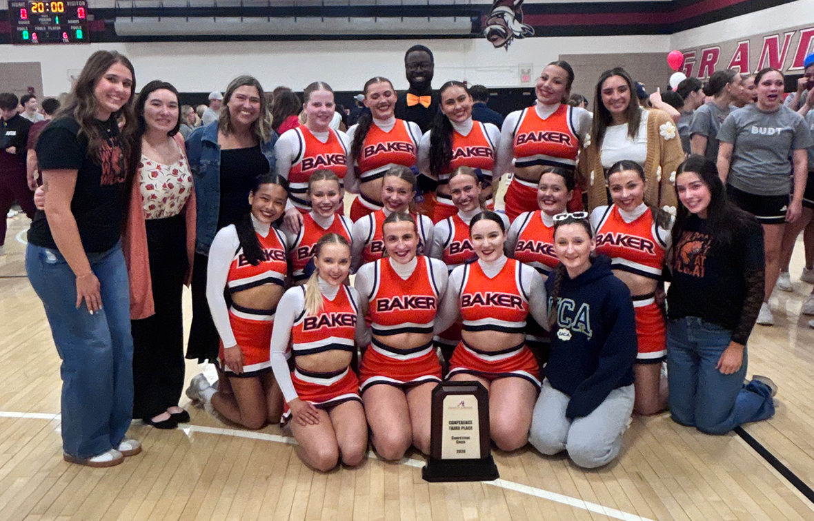 Baker cheer team picture with the third-place trophy at the 2026 Heart Championships
