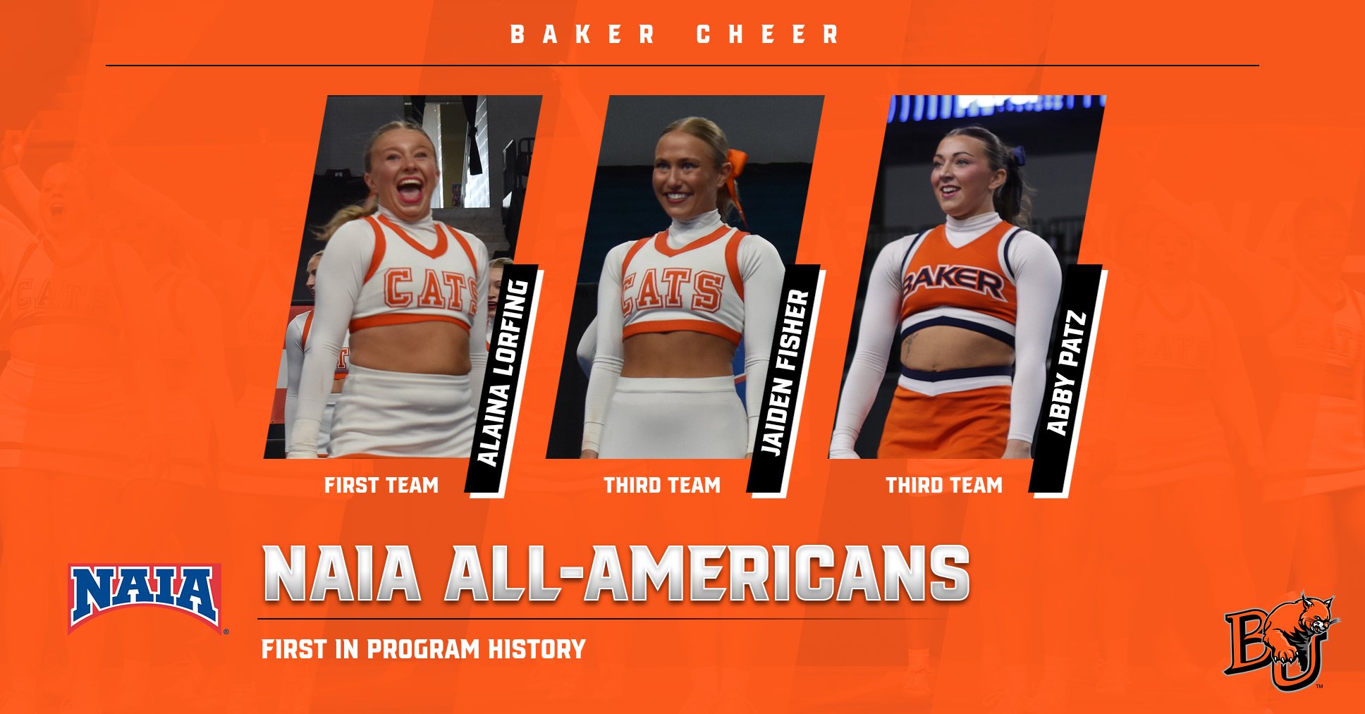 Graphic featuring Baker cheer's NAIA All-Americans Alaina Lorfing (left), Jaiden Fisher (middle) and Abby Patz (right)