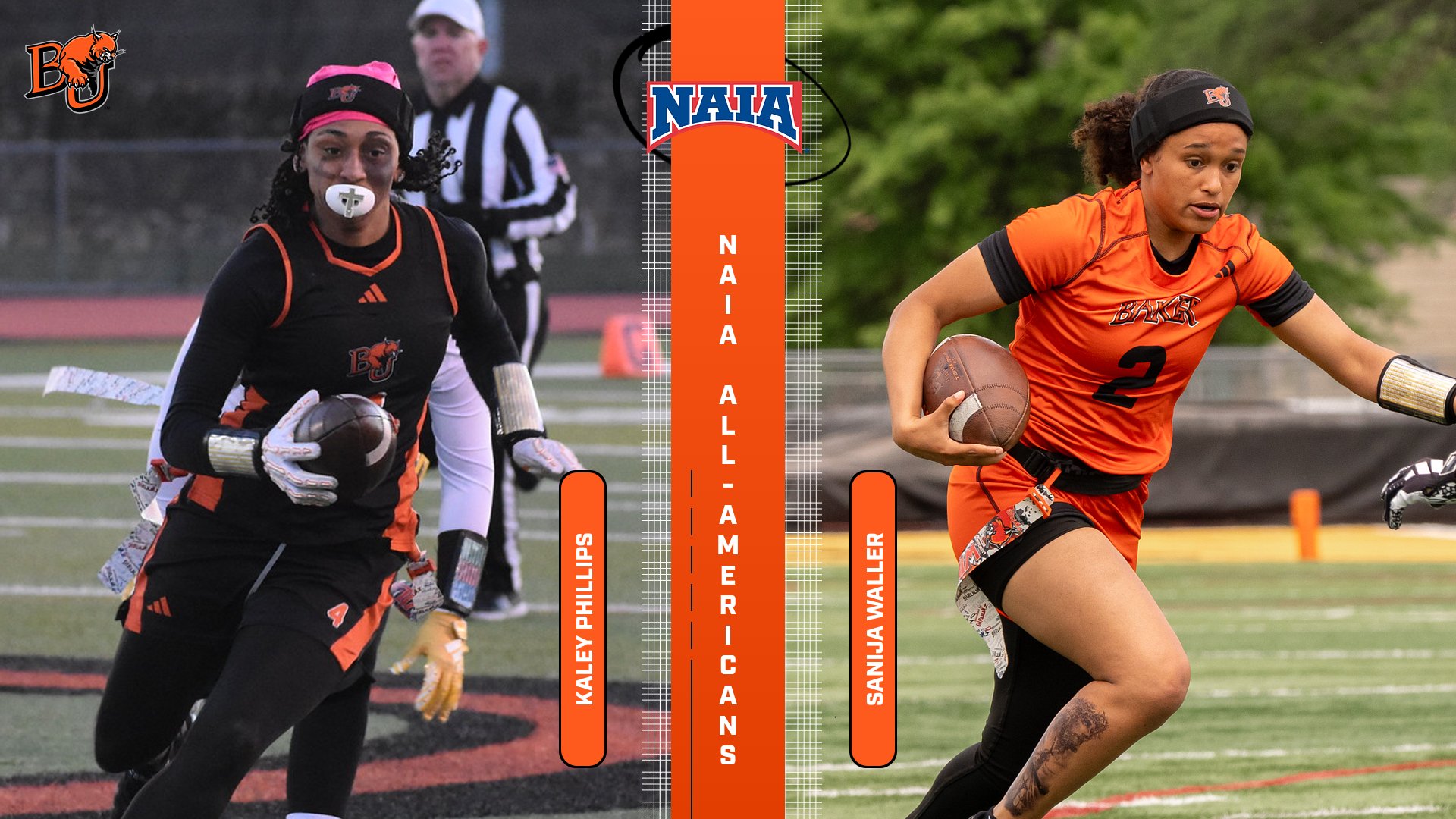 Graphic featuring Baker women's flag football NAIA All-Americans Kaley Phillips (left) and Sanija Waller (right)