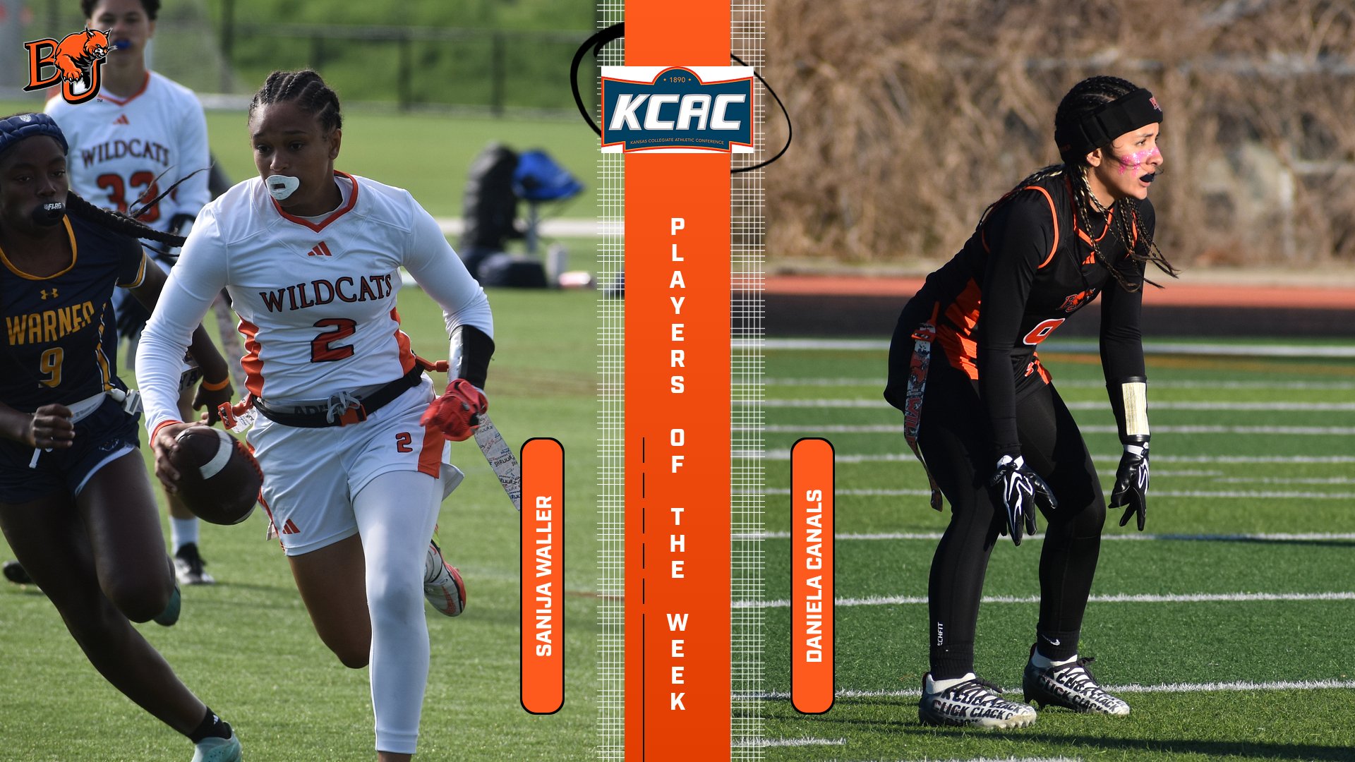 Baker women's flag football KCAC Player of Week graphic featuring Wildcats players Sanija Waller (left) and Daniela Canals (right)