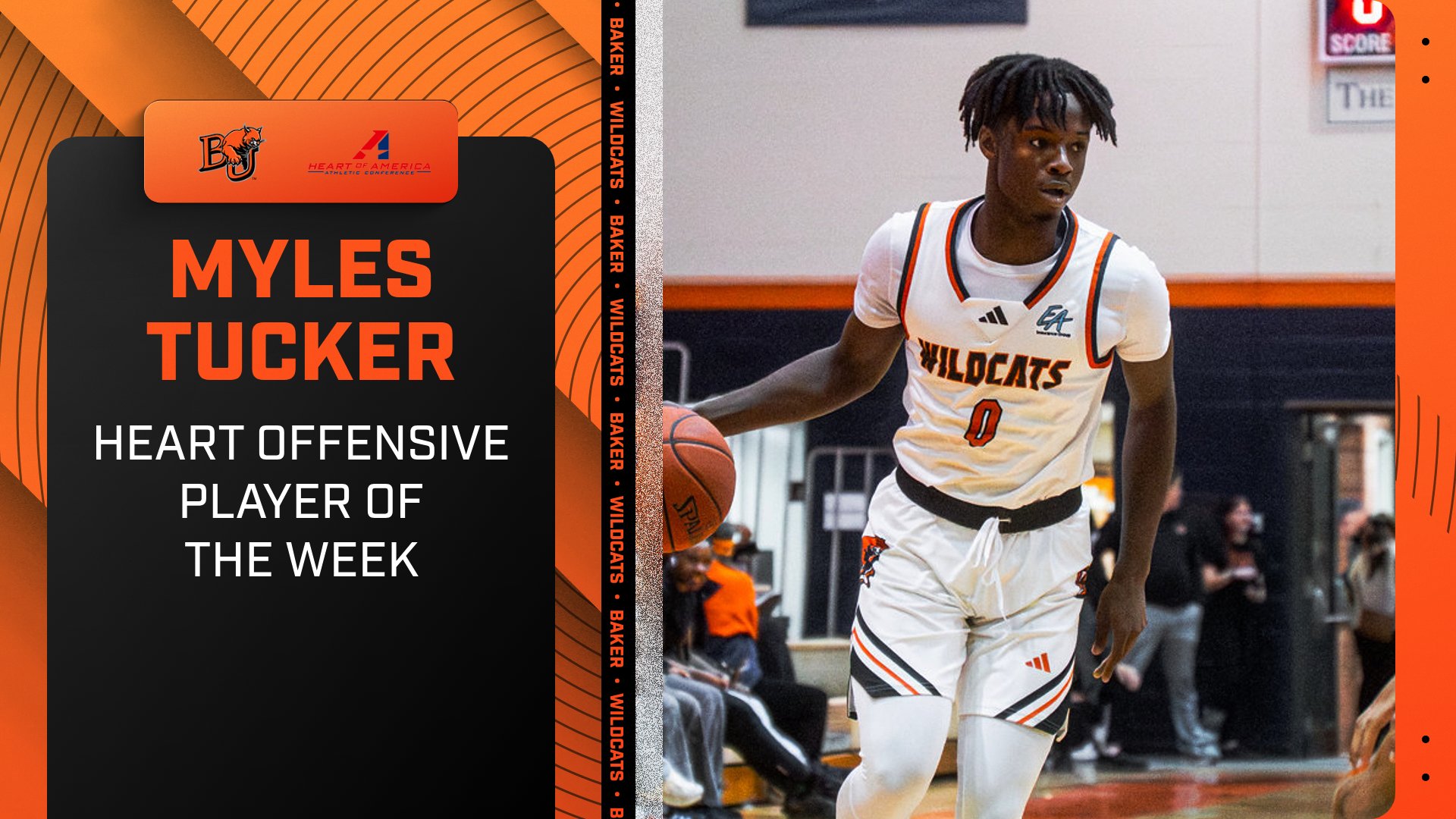 Conference Player of the Week graphic for Baker men's basketball player Myles Tucker