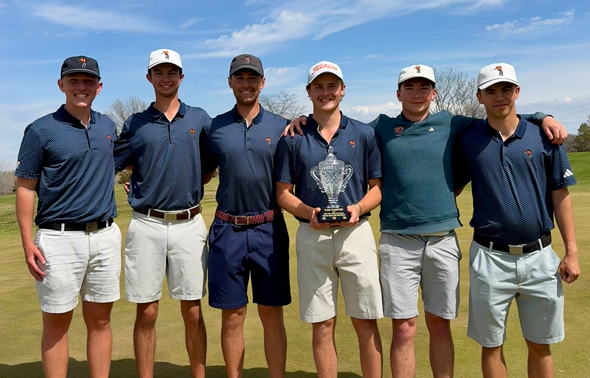 Baker men's golf team at 2026 DWU Spring Invite, from left to right, Andrew Burdett, Ethan Tompkins, Drew Lisec, Gavin Dines, Ben Lemke, Melker Hogstrom