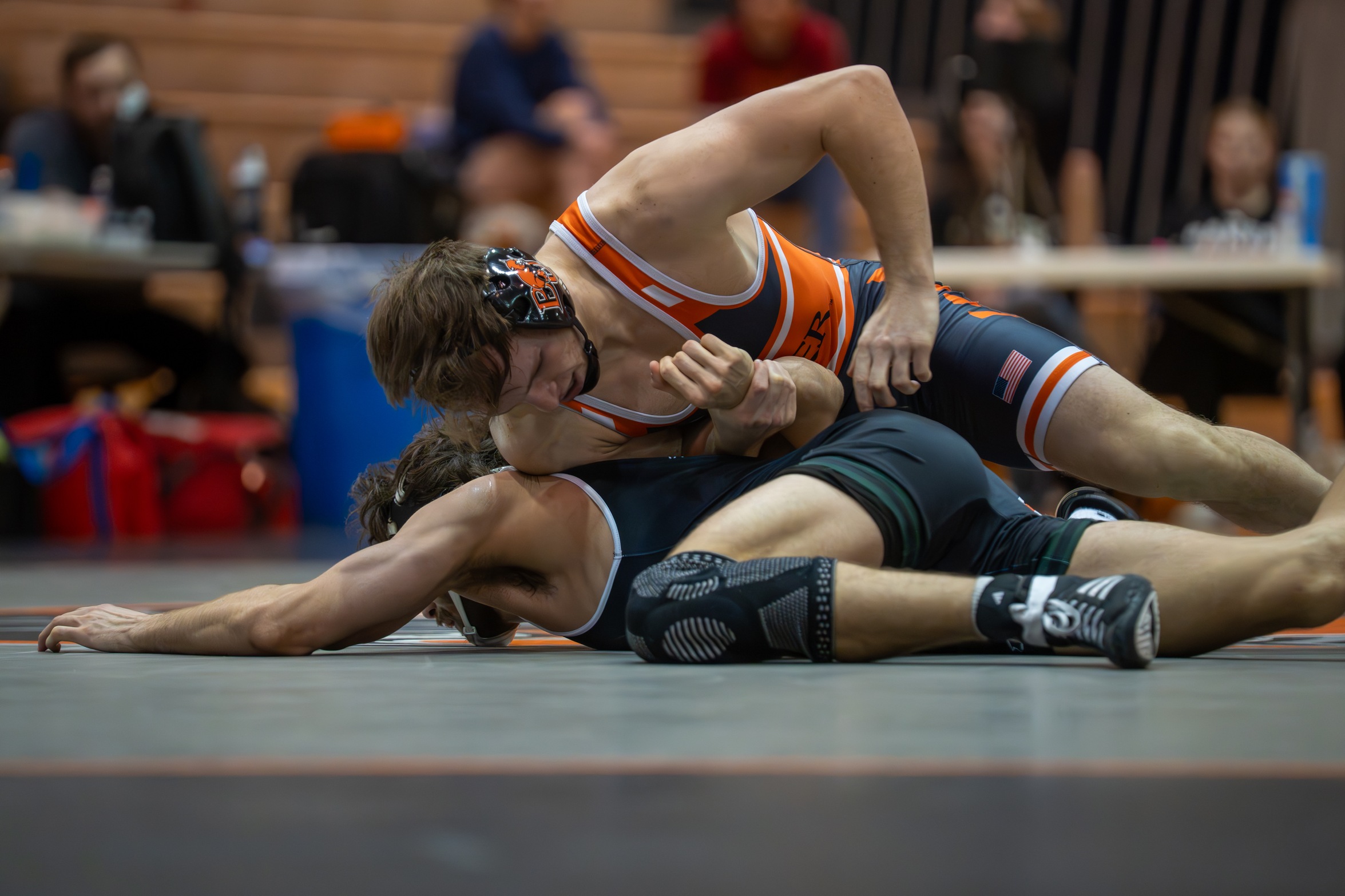 Nikolas Slatoff wrestling at home on Senior Night