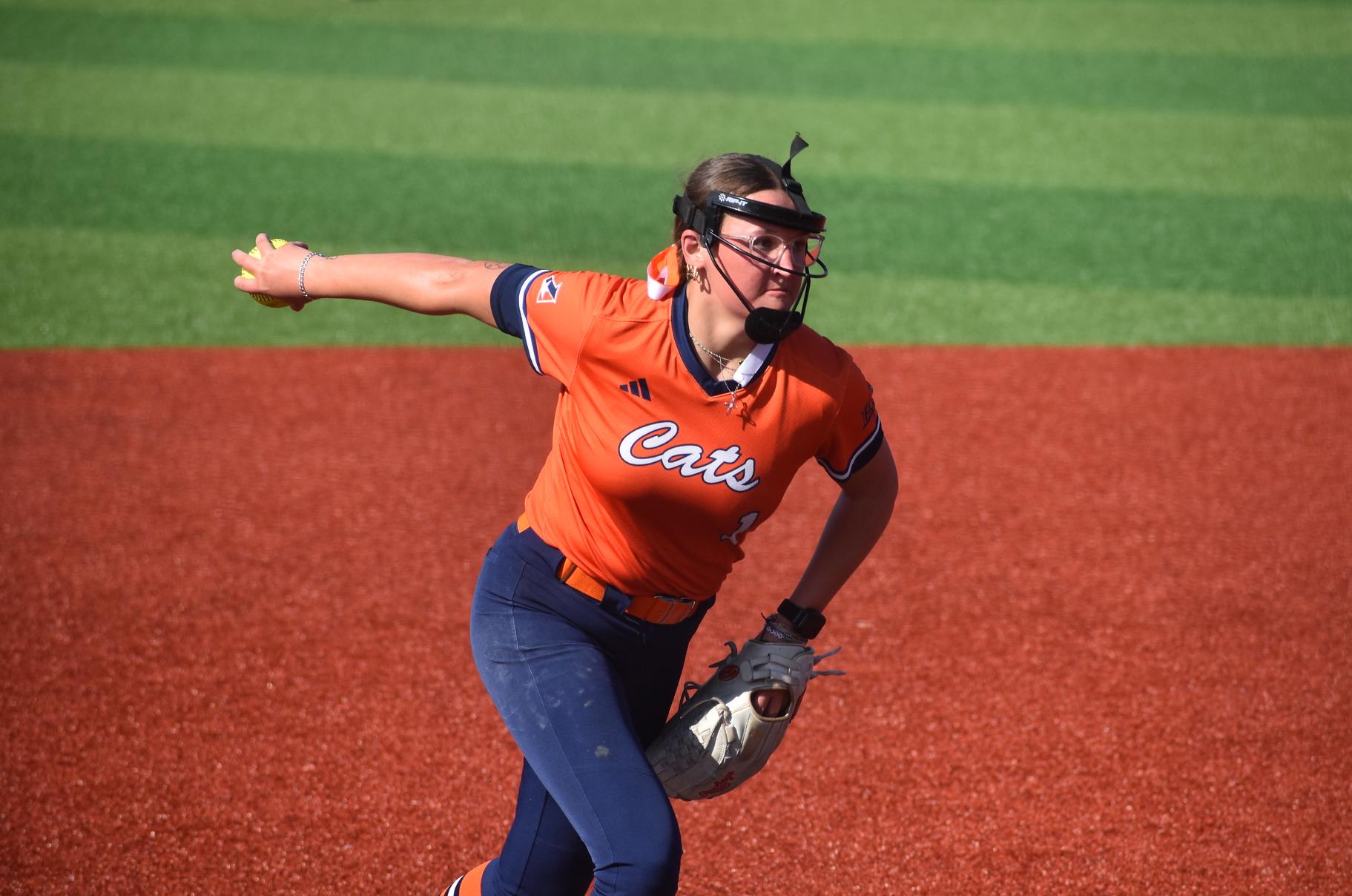 Baker softball pitcher Camrynn Yardley pitching at home