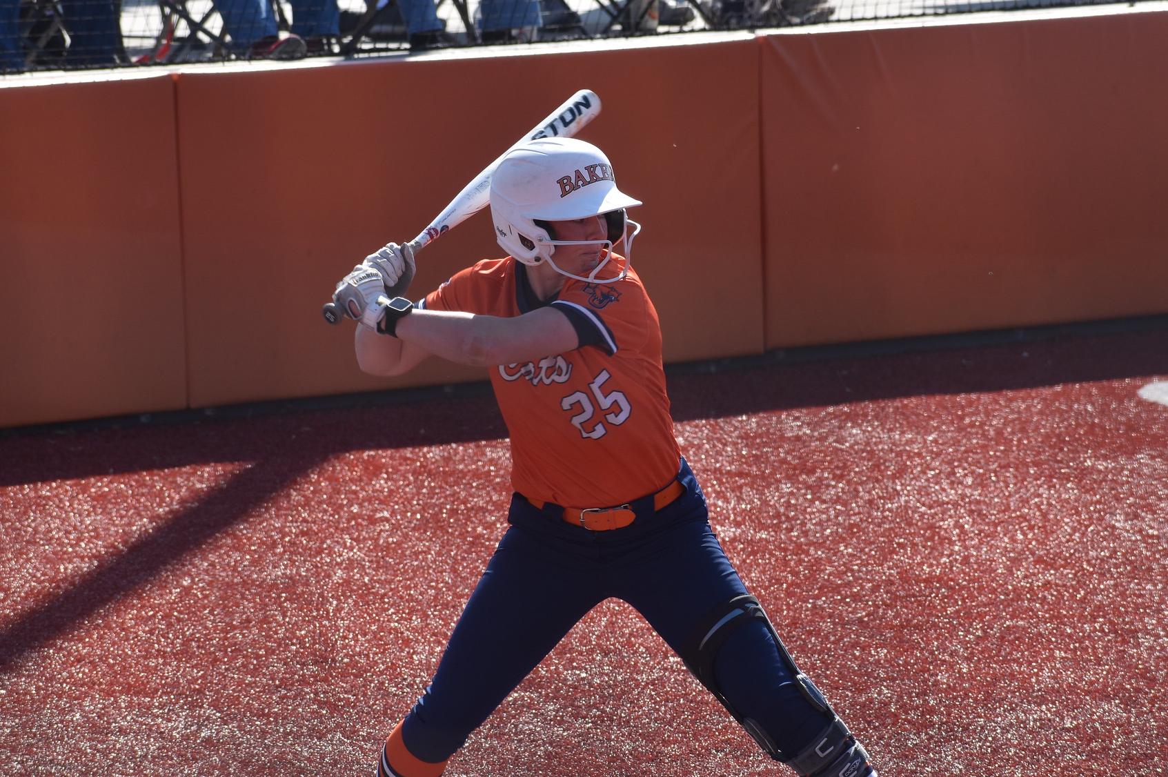 Baker softball player Sydney Kill hitting at home against Missouri Baptist