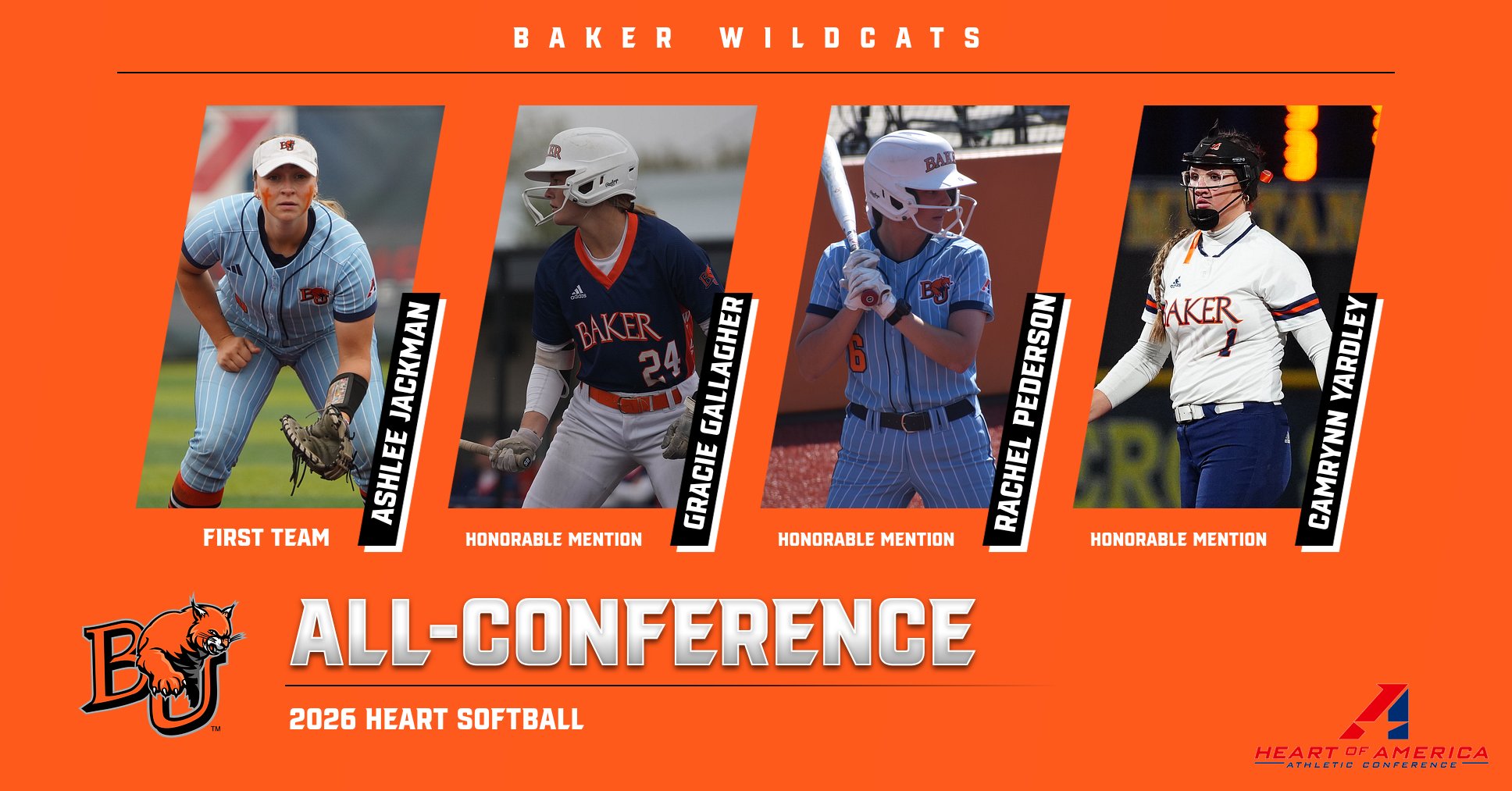 Graphic featuring Baker softball All-Conference players, from left-to-right, Ashlee Jackman, Gracie Gallagher, Rachel Pederson and Camrynn Yardley