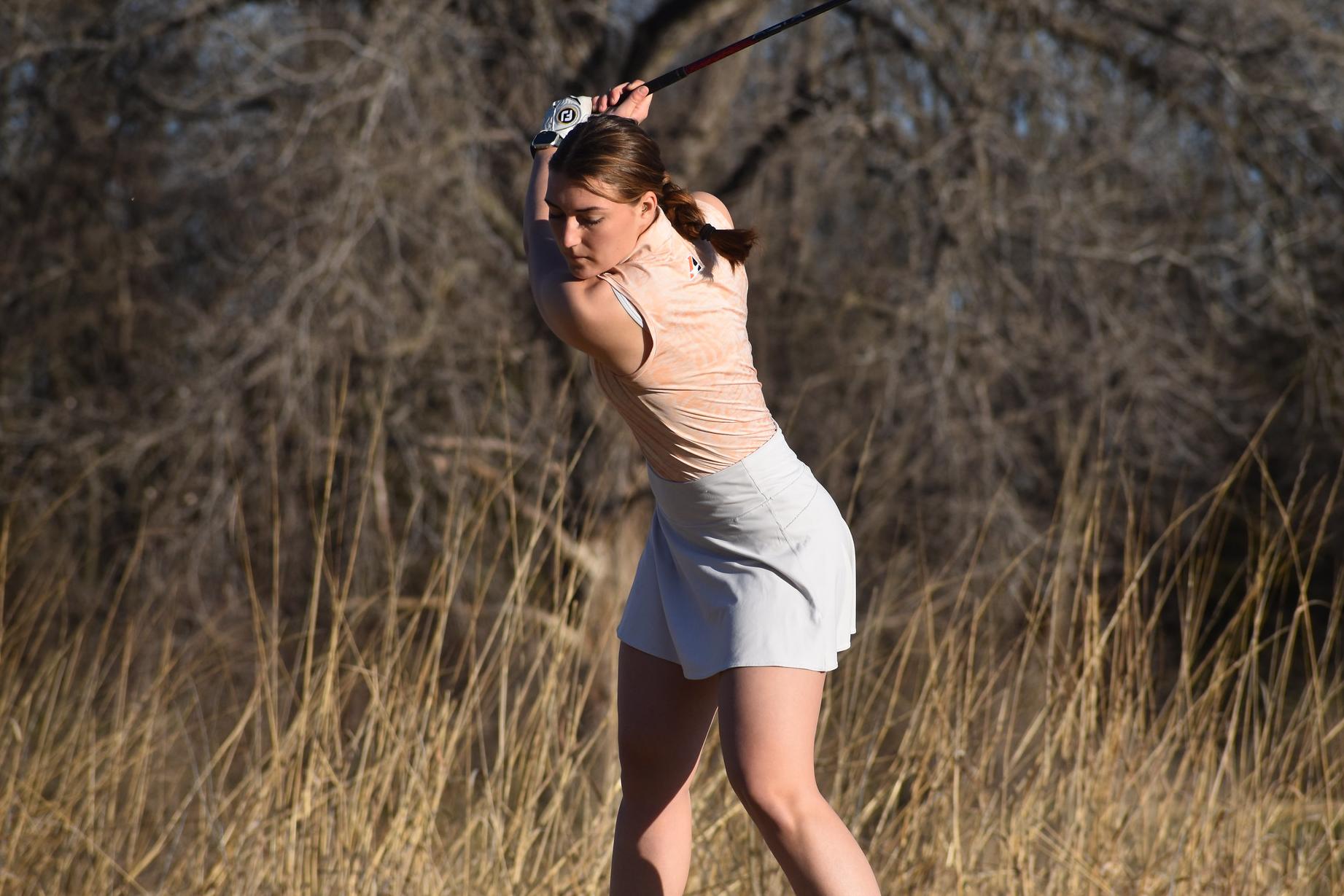 Baker women's golfer Madison Zubeck teeing off at 2026 Baker Invite