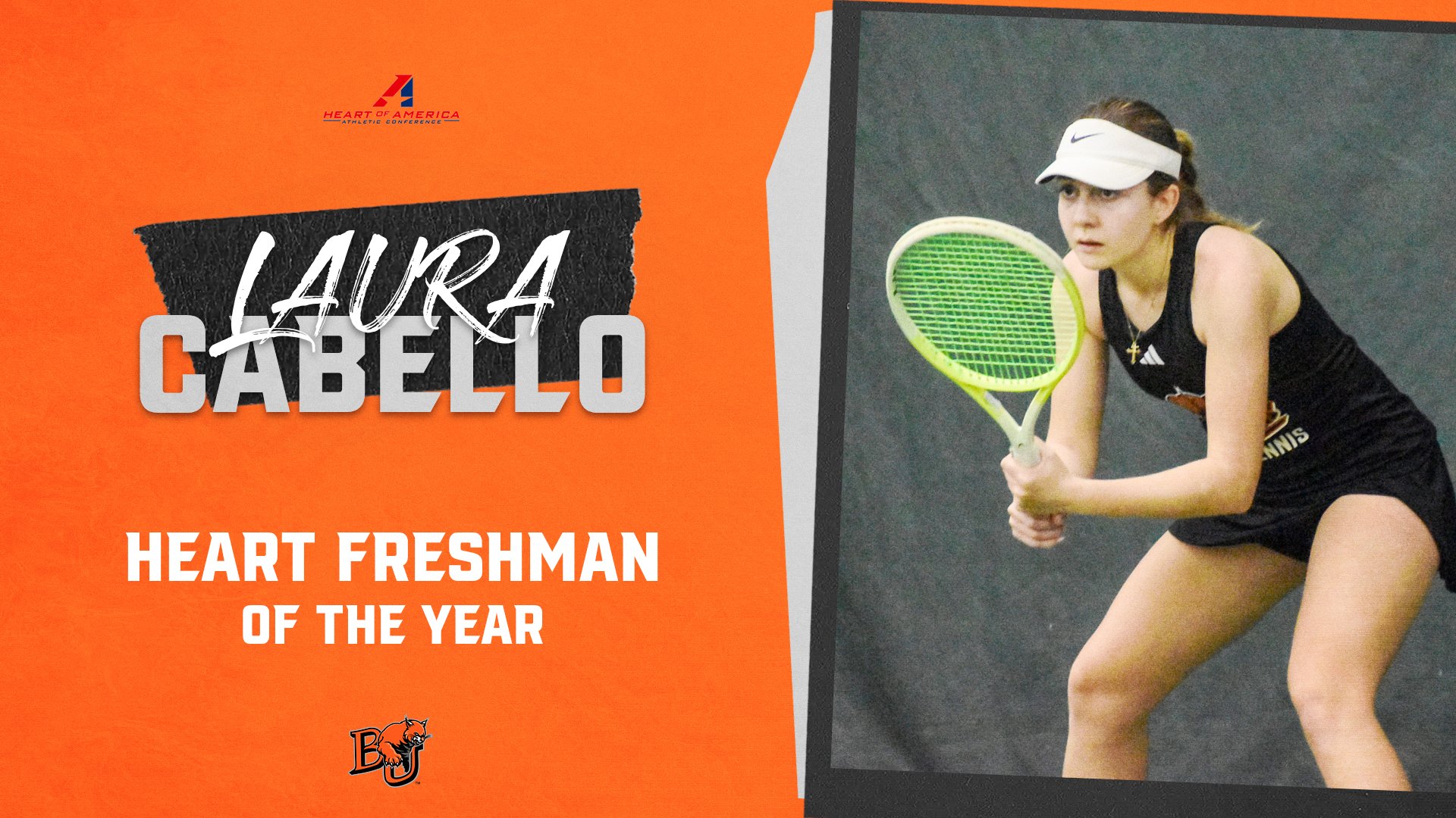 Freshman of the Year graphic featuring Baker women's tennis player Laura Cabello