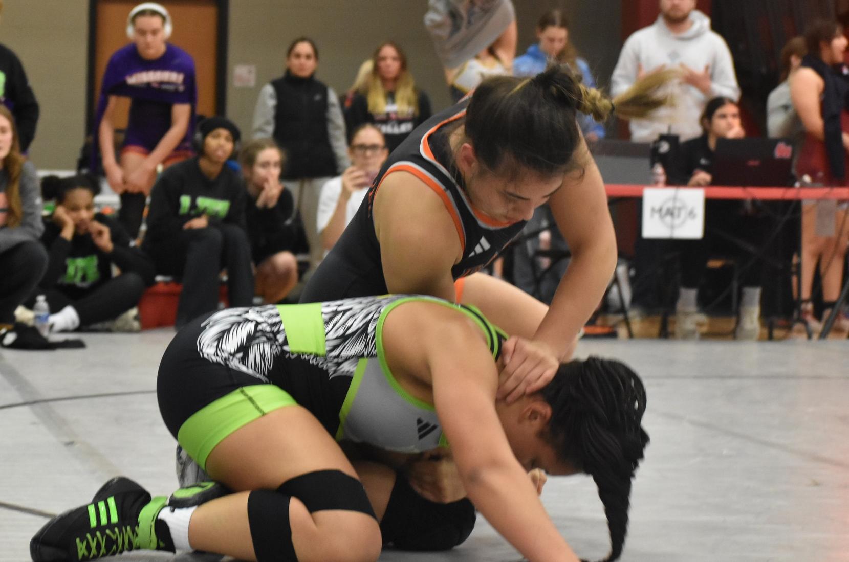 Baker women's wrestler Lucia Henriquez wrestling at the Grand View Open